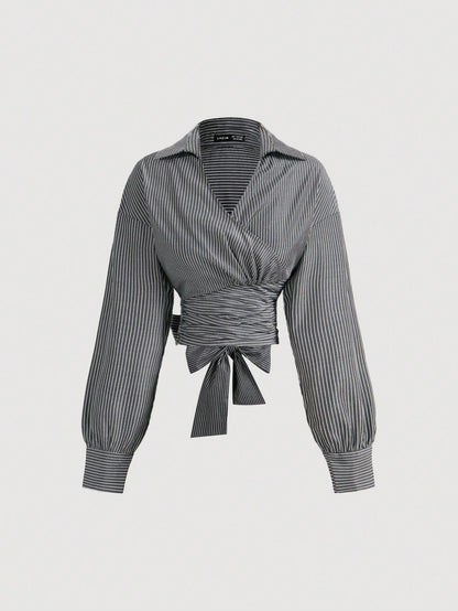 Striped Wrapped Long Sleeve blouse