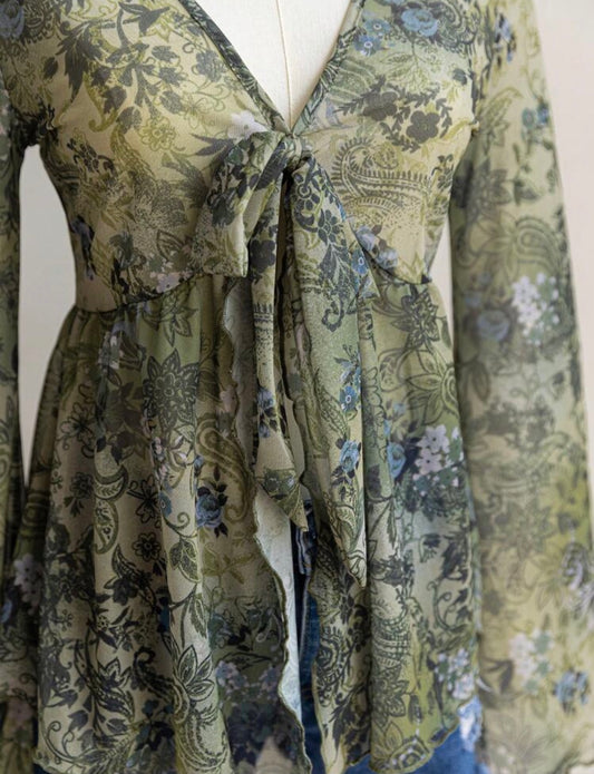 Long Flare Sleeve Floral Blouse