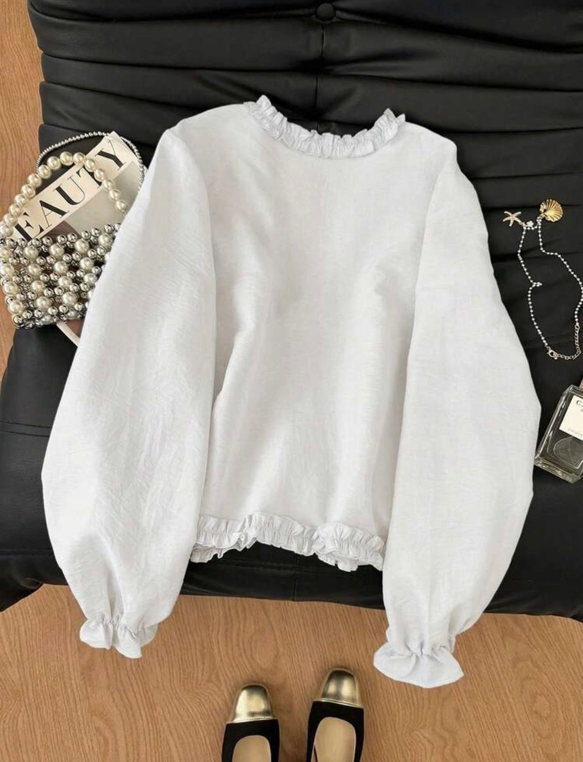 Trim front tie long sleeve blouse