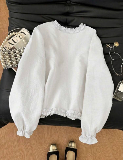 Trim front tie long sleeve blouse