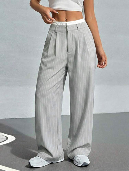 Pleated Striped Wide-Leg Pants