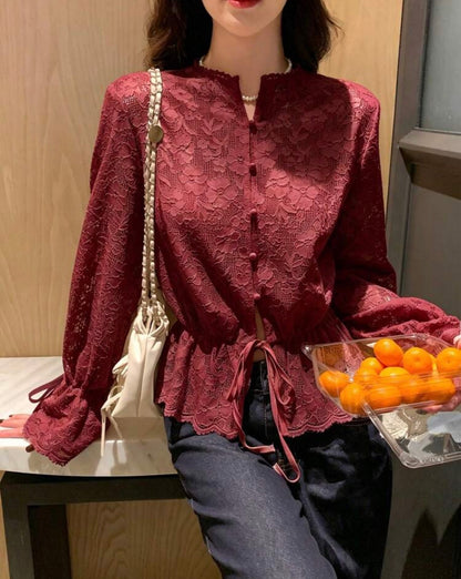 Women's Lace Drawstring Hem Ruffle Tie Elegant Blouse