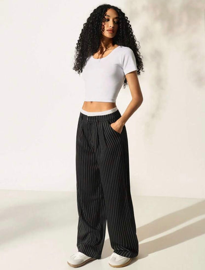 Pleated Striped Wide-Leg Pants