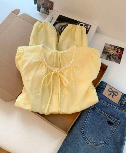 Yellow Lace Patchwork
Round Neck Long Sleeve Blouse
