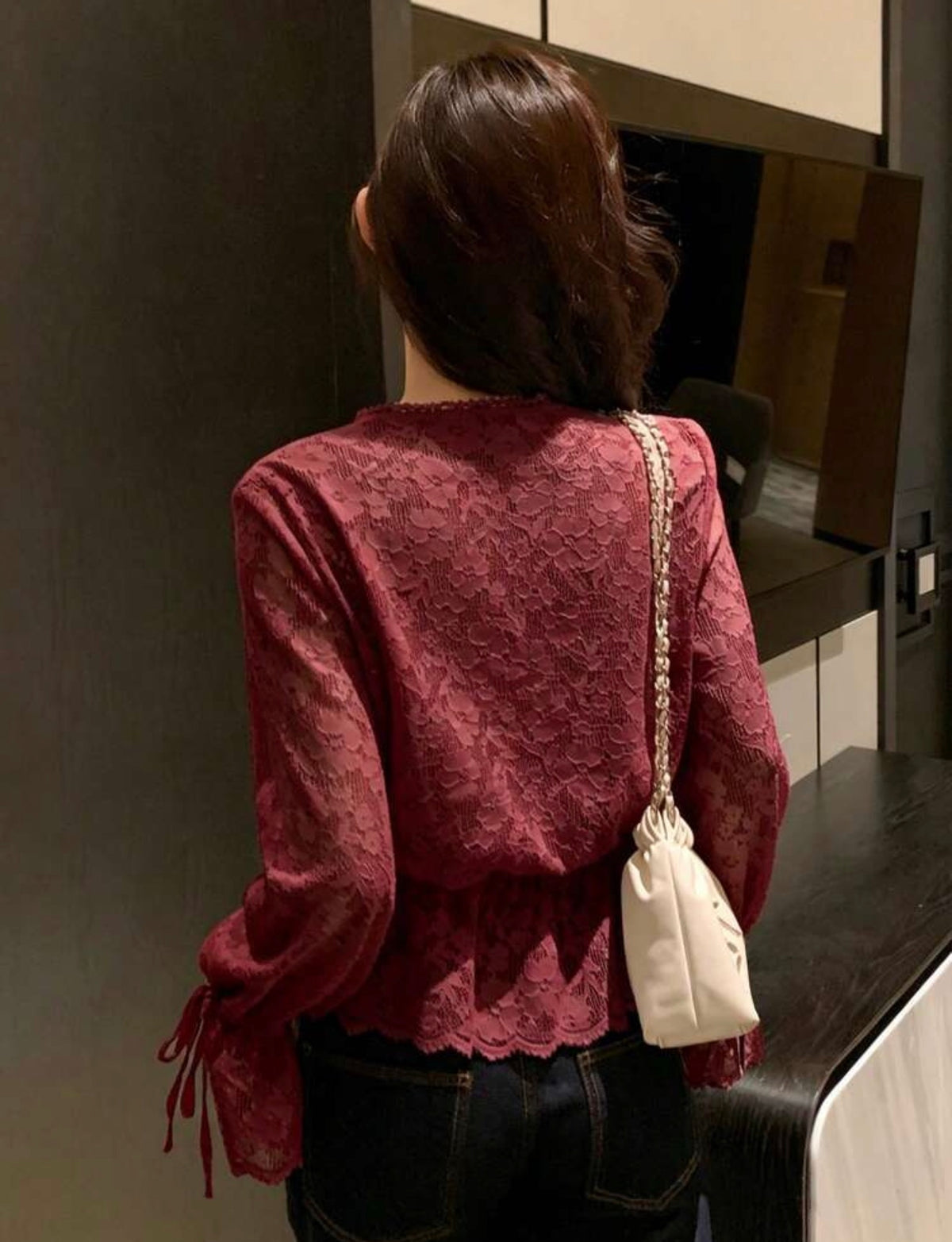 Women's Lace Drawstring Hem Ruffle Tie Elegant Blouse