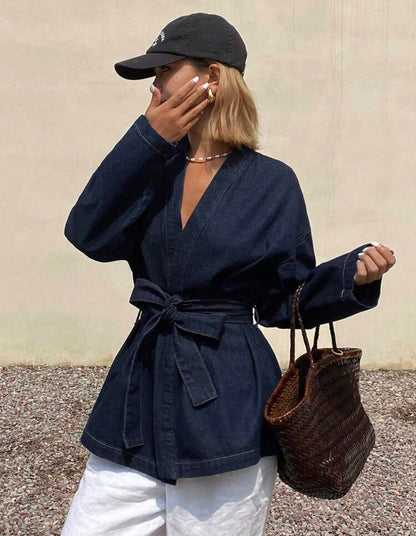 Crossover collar denim blouse