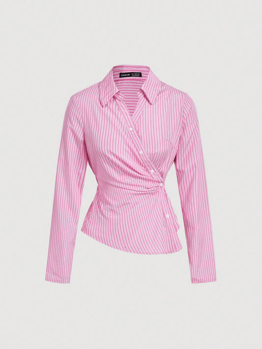 Striped Turndown Collar blouse