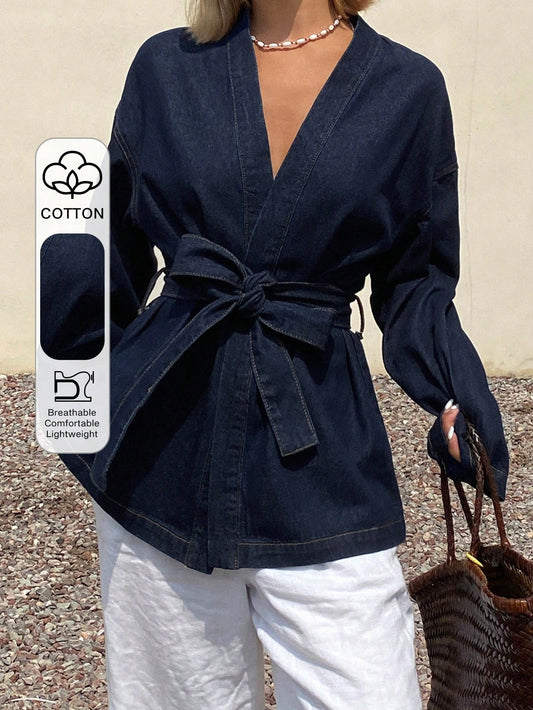Crossover collar denim blouse