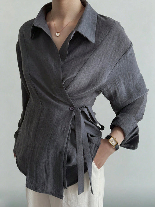 Turndown Collar tie front Blouse