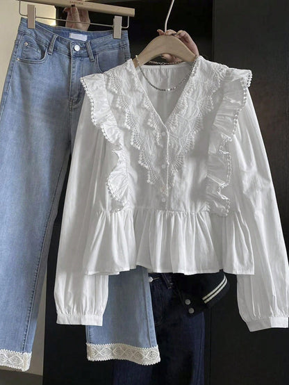 Patchwork Ruffle Trim  blouse