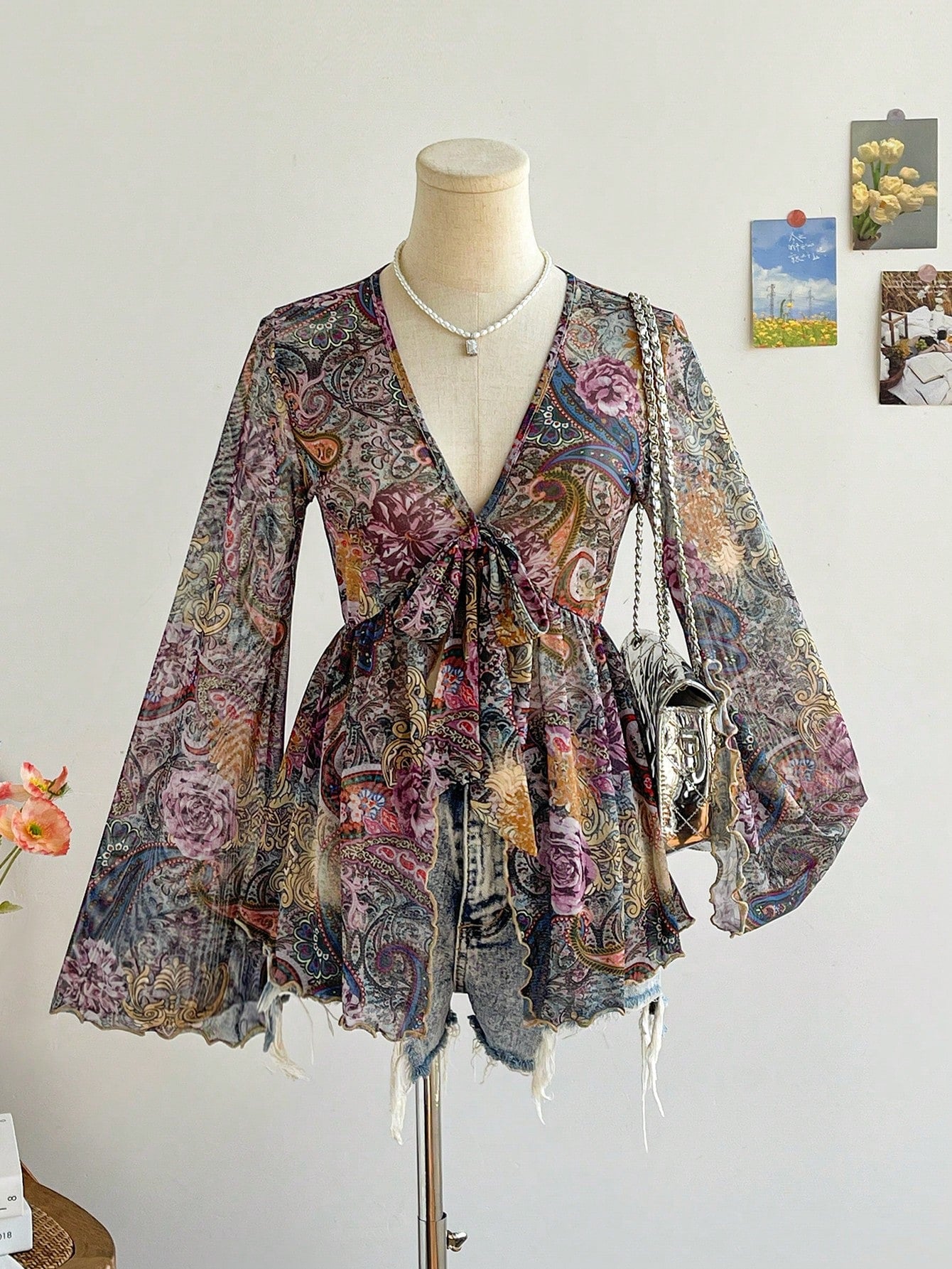 Long Flare Sleeve Floral Blouse