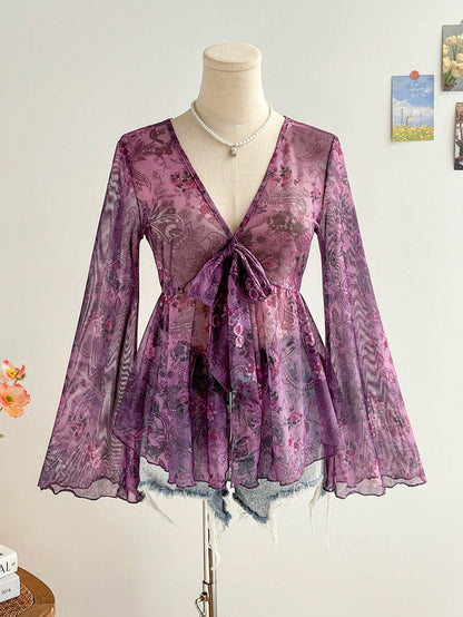 Long Flare Sleeve Floral Blouse