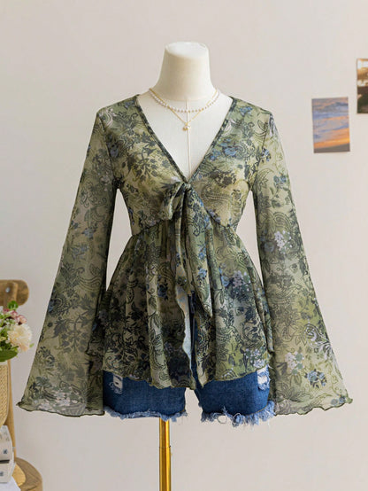 Long Flare Sleeve Floral Blouse