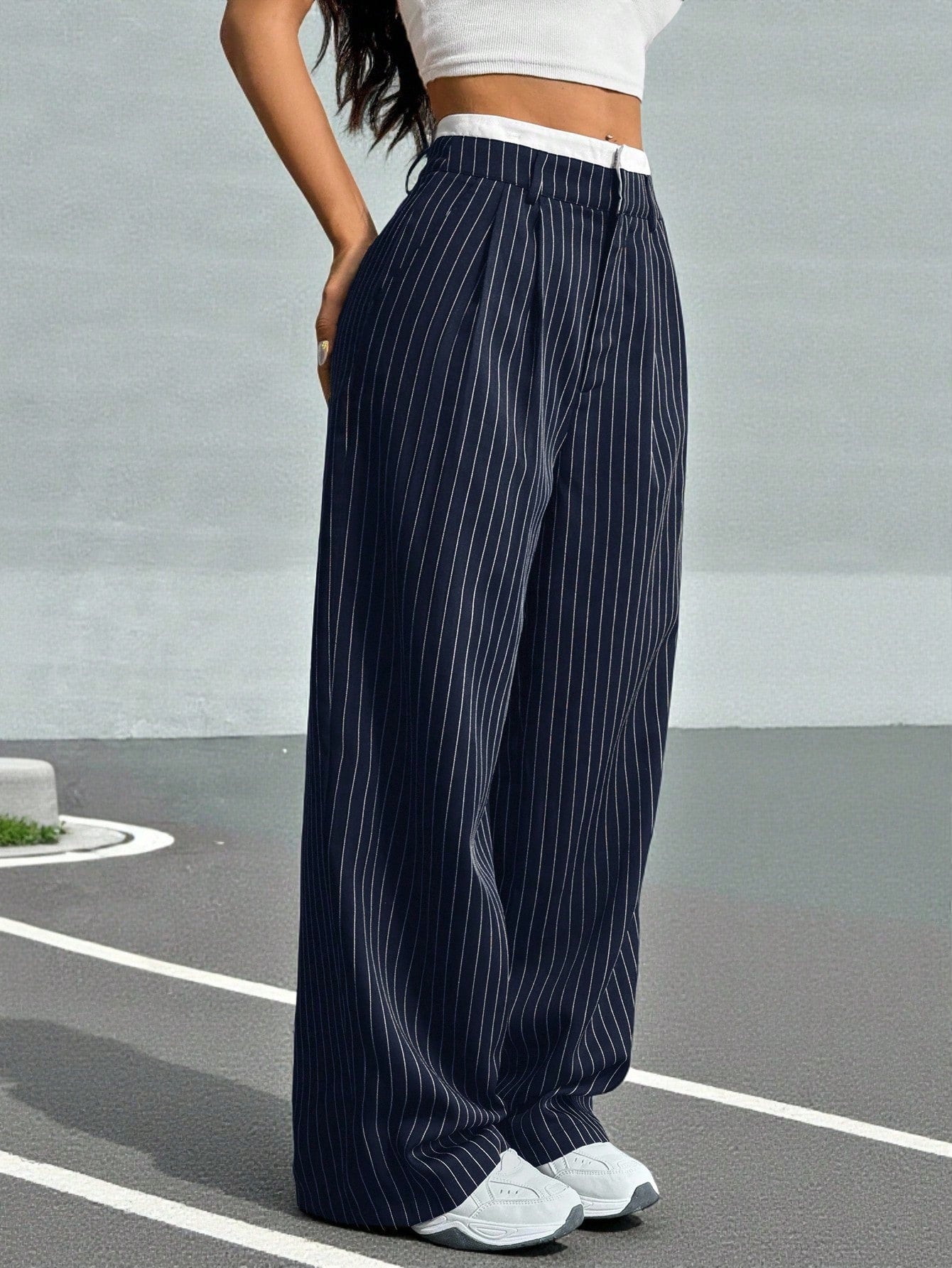 Pleated Striped Wide-Leg Pants