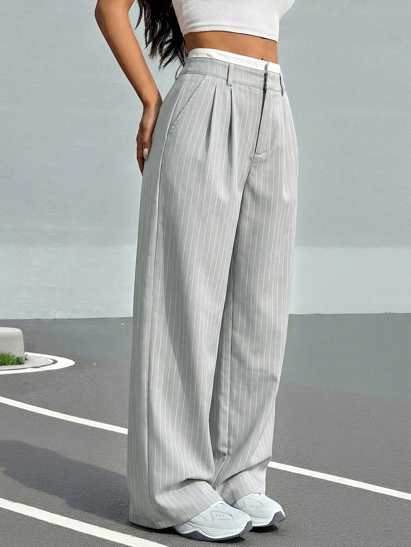 Pleated Striped Wide-Leg Pants