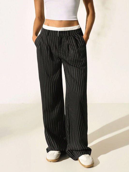 Pleated Striped Wide-Leg Pants