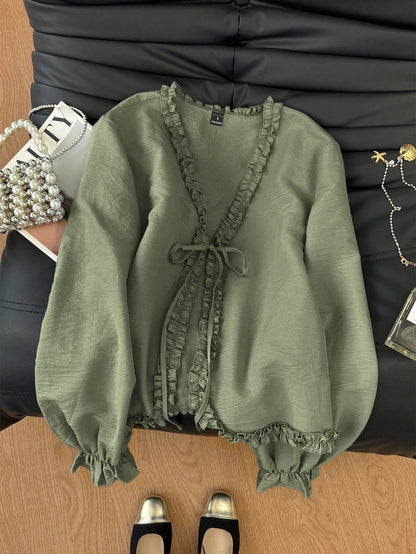 Trim front tie long sleeve blouse