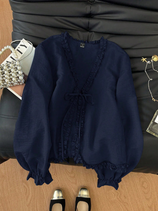 Trim front tie long sleeve blouse