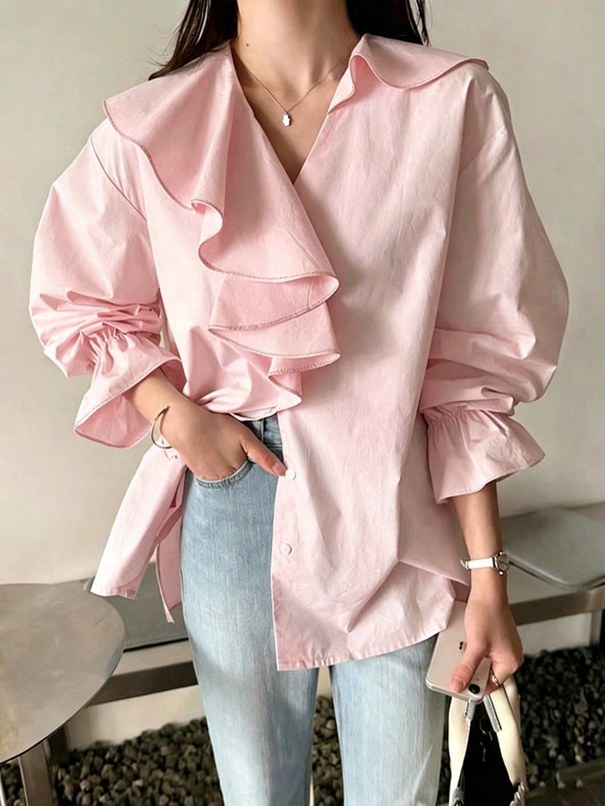 Elegant  V-neck Ruffle blouse