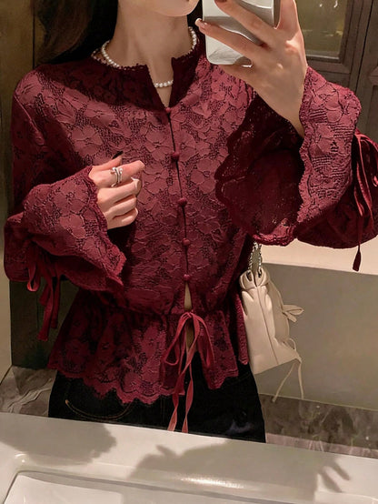 Women's Lace Drawstring Hem Ruffle Tie Elegant Blouse