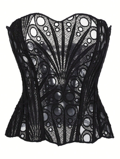 Black Floral Lace Sheer Cutout Cropped Camisole Top