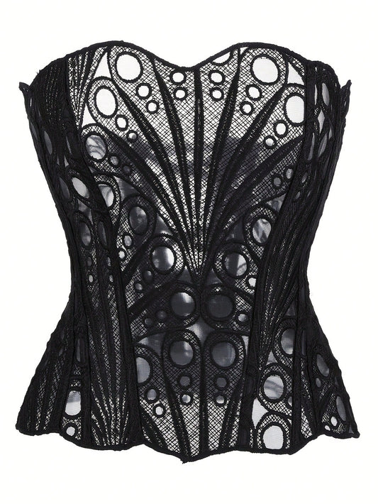 Black Floral Lace Sheer Cutout Cropped Camisole Top